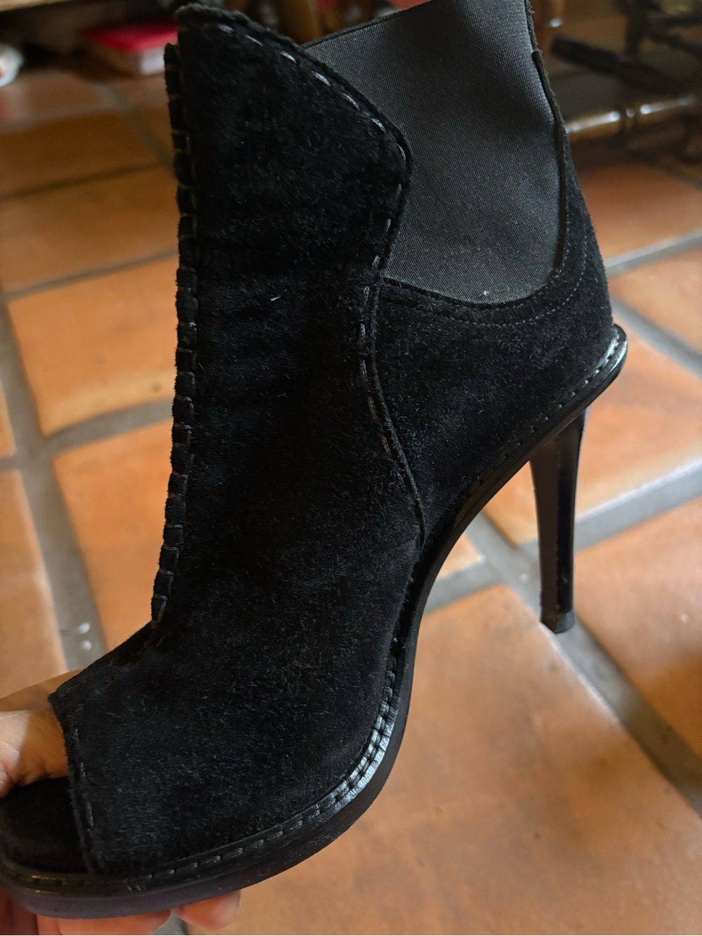 Derek Lam Black Suede Peep-Toe High-Heel Bootie